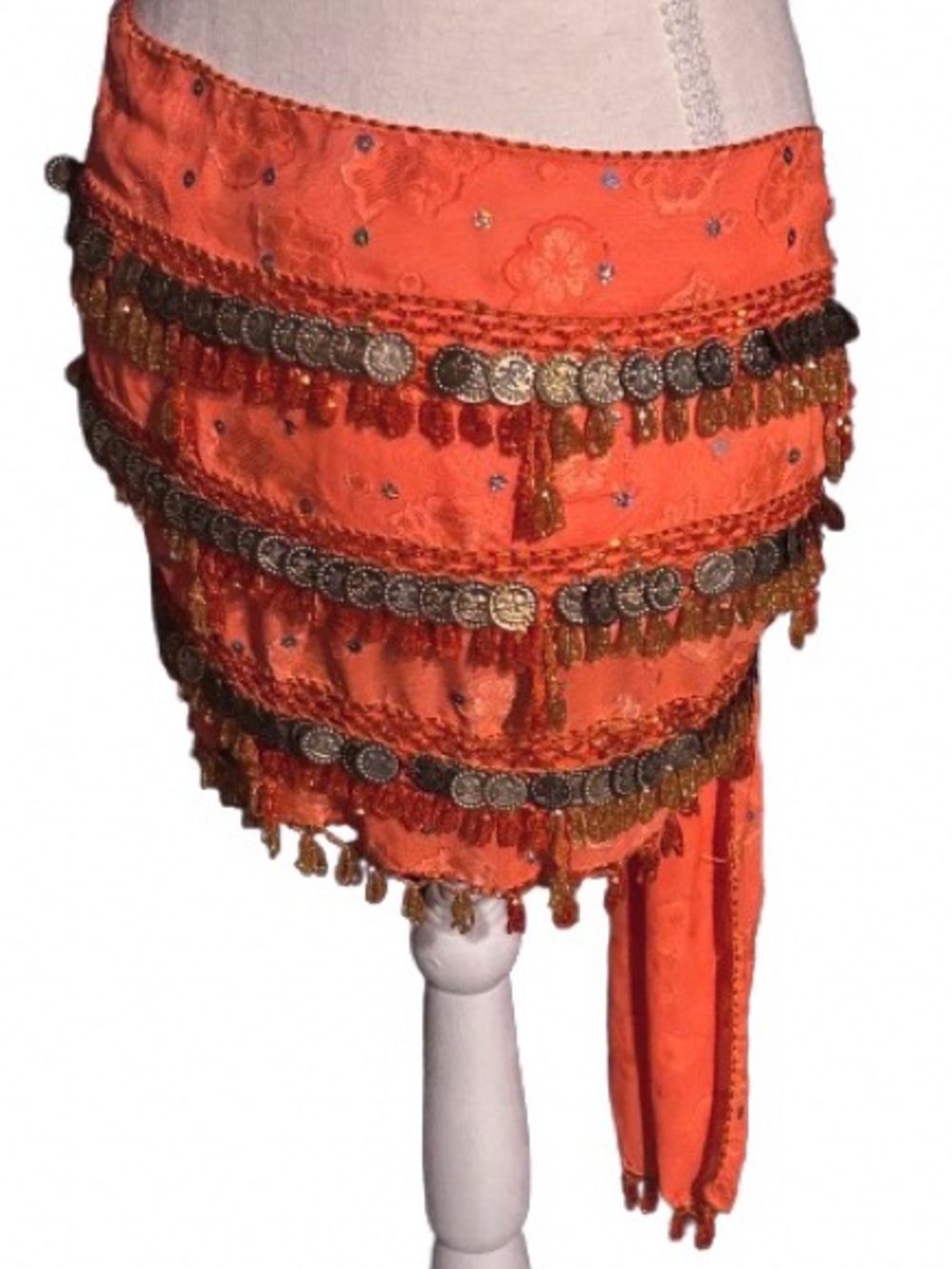 Vintage Belly Dancing Scarf Beaded Coins Floral Orange Red Fringe Shawl - Picture 7 of 12